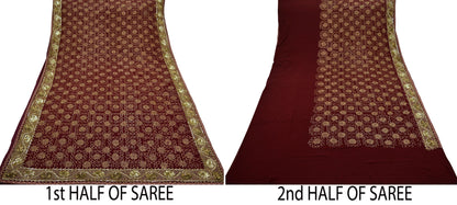 Indian Vintage Heavy Sari Maroon Pure Georgette Silk Hand Beaded Sarees Craft Fabric 5Yd Sewing Ethnic Zardozi/ Dabka Wedding Sarees