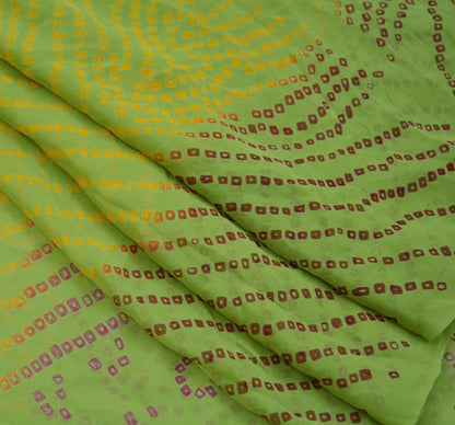 Women Vintage Green Saree Pure Georgette Silk Bandhani Printed Sari Craft Fabric Sewing 5Yard Soft Light Sari Dress Making Quilting Crafting