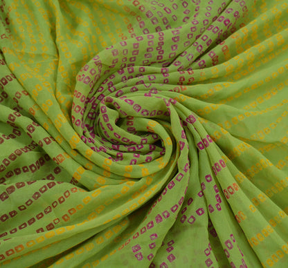 Women Vintage Green Saree Pure Georgette Silk Bandhani Printed Sari Craft Fabric Sewing 5Yard Soft Light Sari Dress Making Quilting Crafting