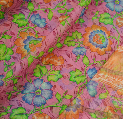 Indian Vintage Pink Saree Pure Chiffon Silk Printed Sari 5Yd Craft Fabric Sewing Soft Light Dress Making Zari Crafting Quilting Upcycle