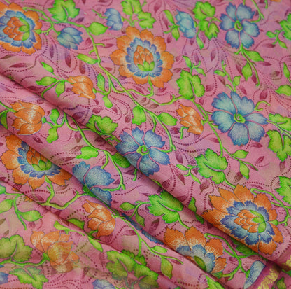 Indian Vintage Pink Saree Pure Chiffon Silk Printed Sari 5Yd Craft Fabric Sewing Soft Light Dress Making Zari Crafting Quilting Upcycle