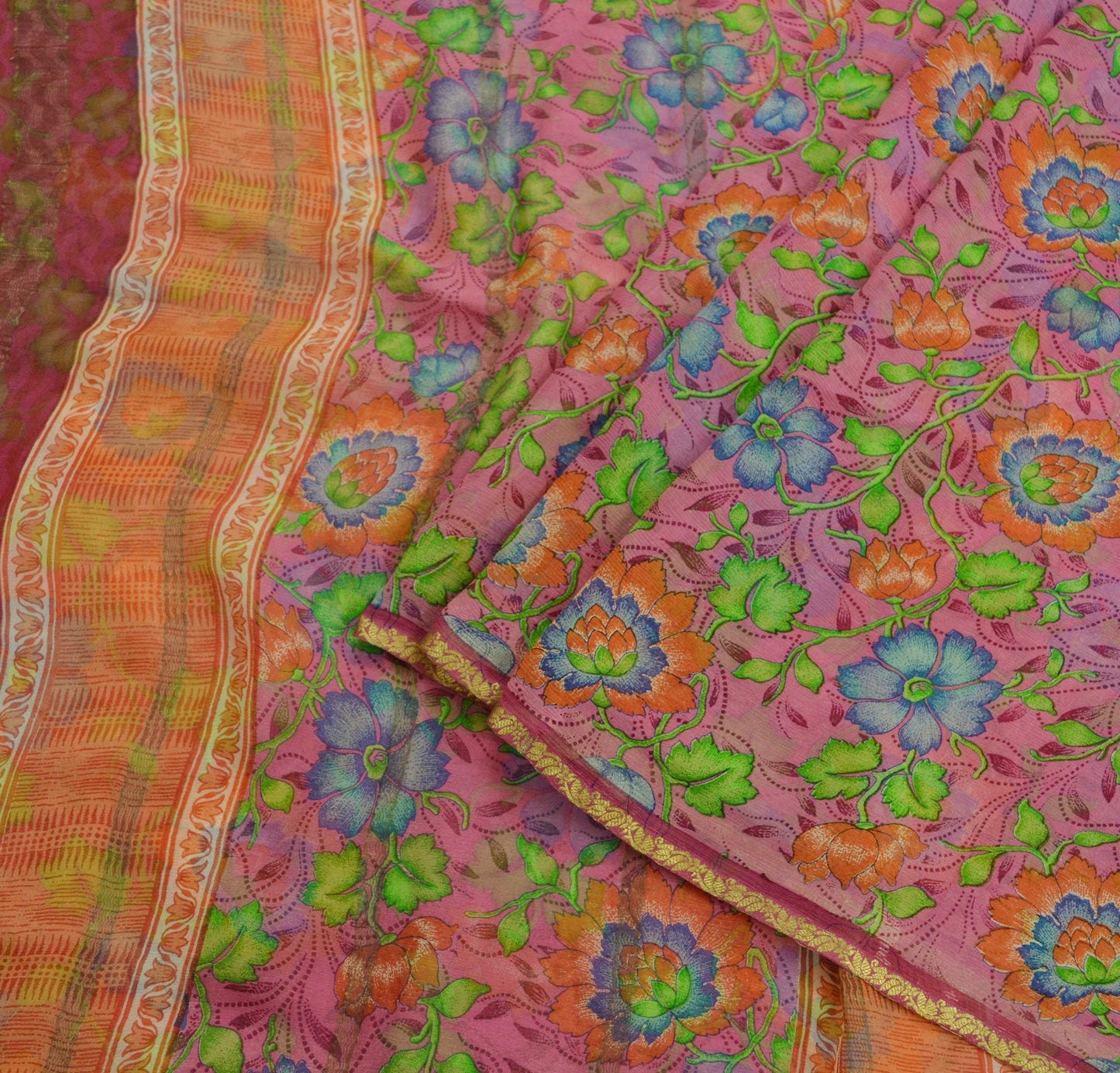 Indian Vintage Pink Saree Pure Chiffon Silk Printed Sari 5Yd Craft Fabric Sewing Soft Light Dress Making Zari Crafting Quilting Upcycle