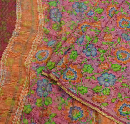 Indian Vintage Pink Saree Pure Chiffon Silk Printed Sari 5Yd Craft Fabric Sewing Soft Light Dress Making Zari Crafting Quilting Upcycle