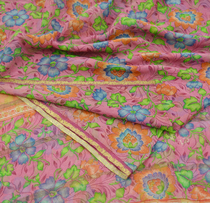 Indian Vintage Pink Saree Pure Chiffon Silk Printed Sari 5Yd Craft Fabric Sewing Soft Light Dress Making Zari Crafting Quilting Upcycle