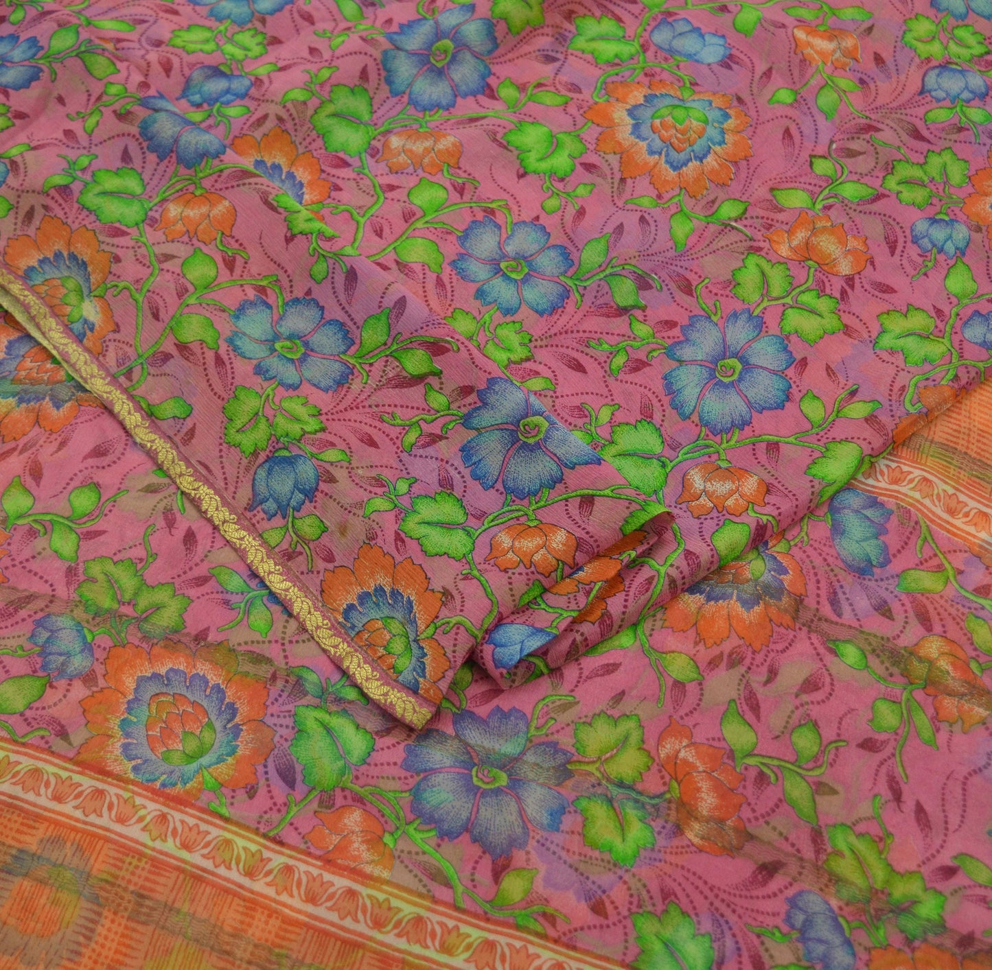 Indian Vintage Pink Saree Pure Chiffon Silk Printed Sari 5Yd Craft Fabric Sewing Soft Light Dress Making Zari Crafting Quilting Upcycle