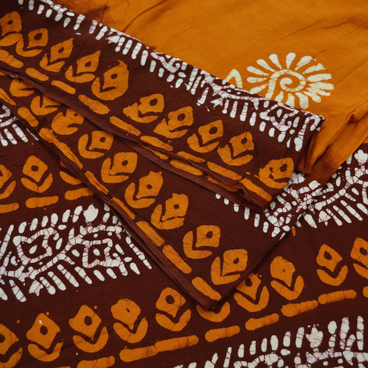 Indian Vintage Saffron & Brown Saree Batik Printed 100% Pure Cotton Sari Craft Fabric Soft 5Yd Sewing Sarong Wrap Boho Dress Making Upcycle