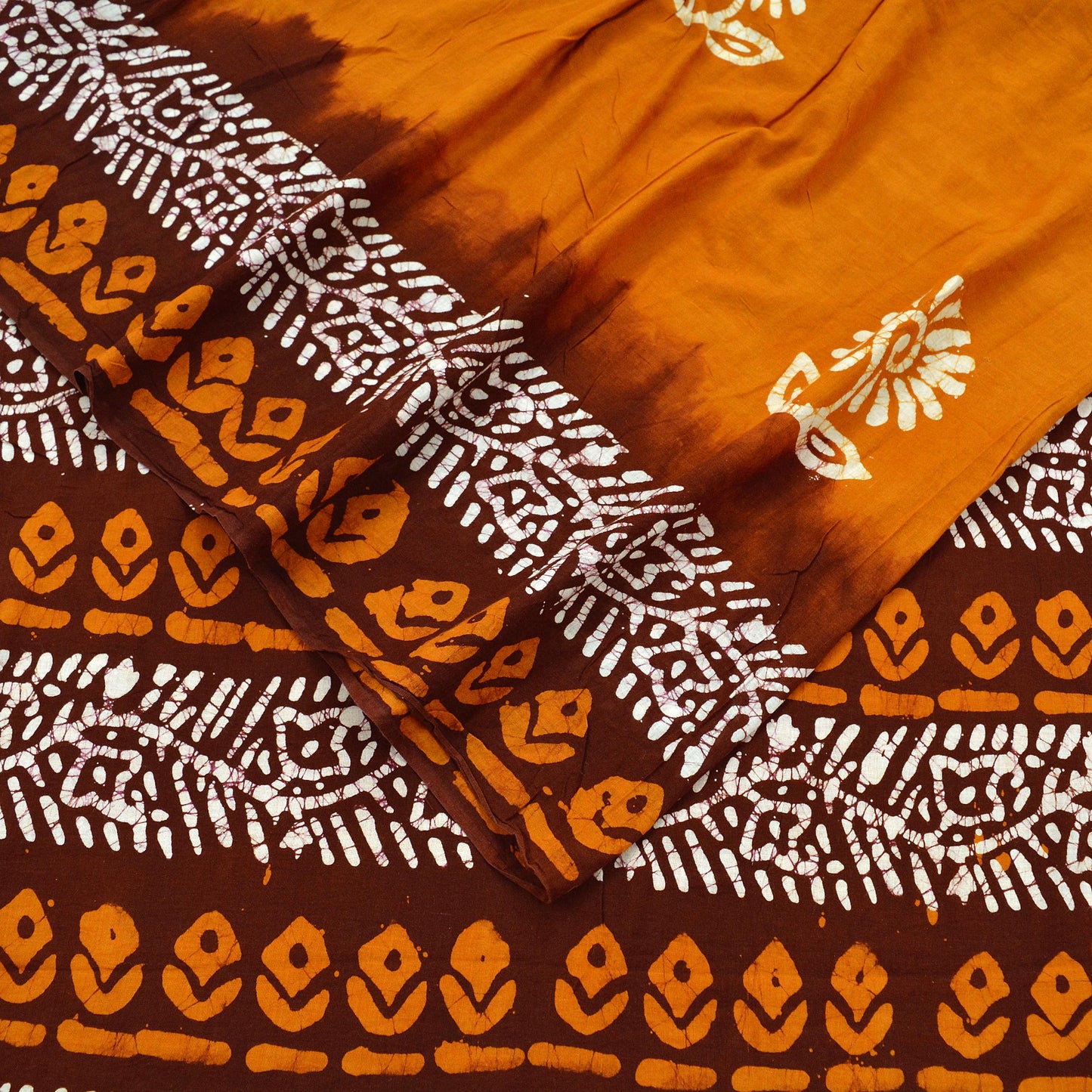 Indian Vintage Saffron & Brown Saree Batik Printed 100% Pure Cotton Sari Craft Fabric Soft 5Yd Sewing Sarong Wrap Boho Dress Making Upcycle