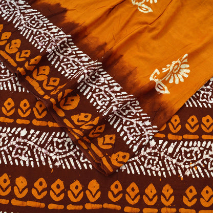 Indian Vintage Saffron & Brown Saree Batik Printed 100% Pure Cotton Sari Craft Fabric Soft 5Yd Sewing Sarong Wrap Boho Dress Making Upcycle