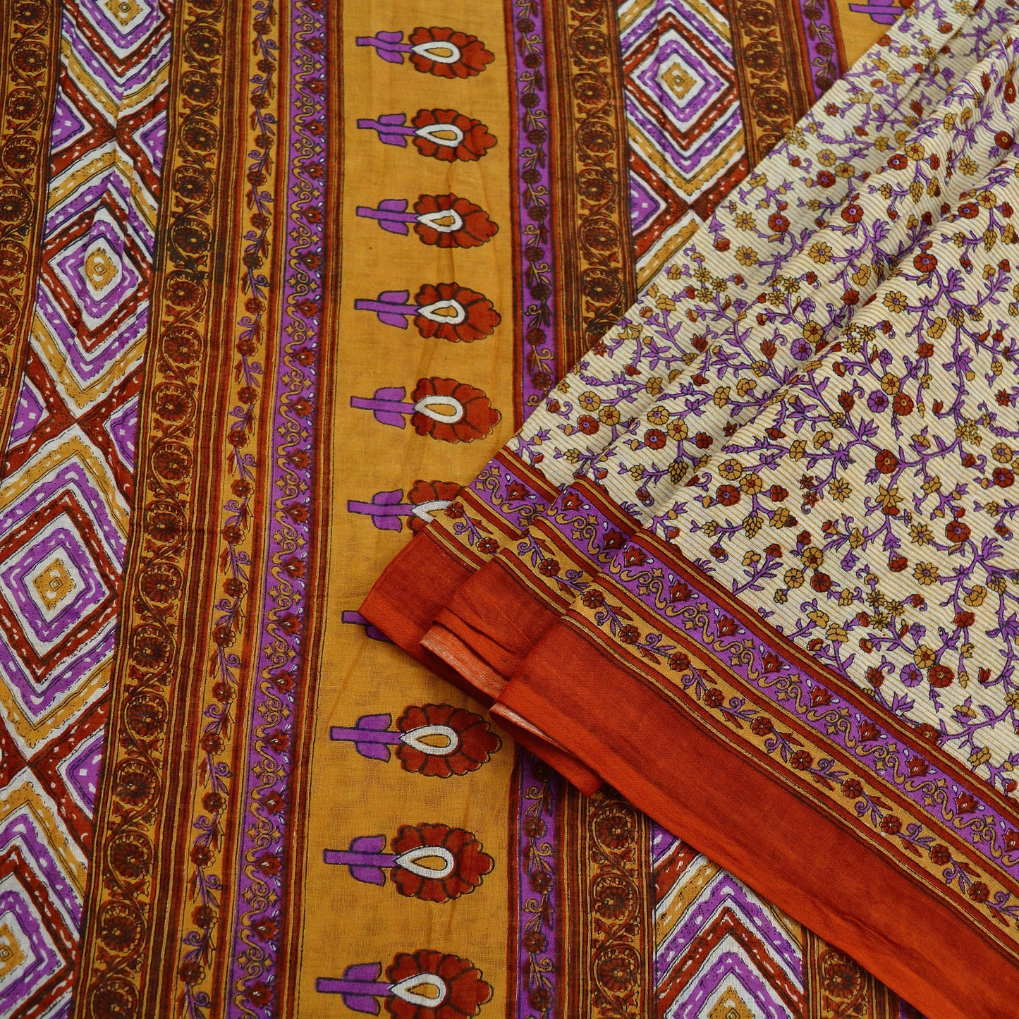 Indian Vintage Sari Ivory & Saffron Pure Cotton Printed Saree 5Yd Craft Fabric Sewing Sarong Wrap Boho Stripes Quilting crafting dressmaking