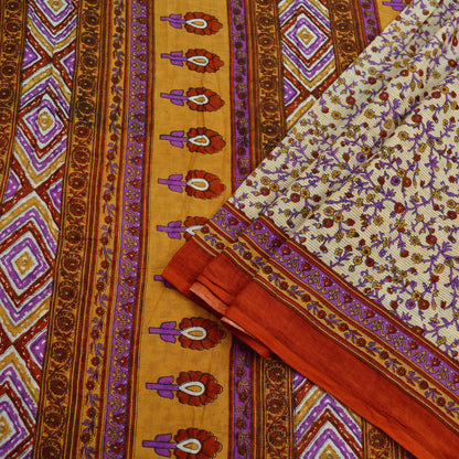 Indian Vintage Sari Ivory & Saffron Pure Cotton Printed Saree 5Yd Craft Fabric Sewing Sarong Wrap Boho Stripes Quilting crafting dressmaking