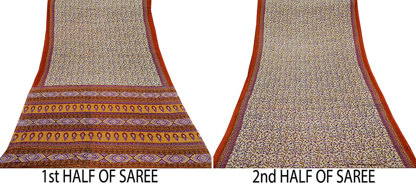 Indian Vintage Sari Ivory & Saffron Pure Cotton Printed Saree 5Yd Craft Fabric Sewing Sarong Wrap Boho Stripes Quilting crafting dressmaking