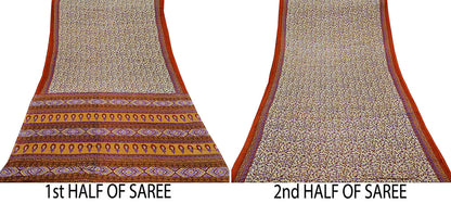 Indian Vintage Sari Ivory & Saffron Pure Cotton Printed Saree 5Yd Craft Fabric Sewing Sarong Wrap Boho Stripes Quilting crafting dressmaking