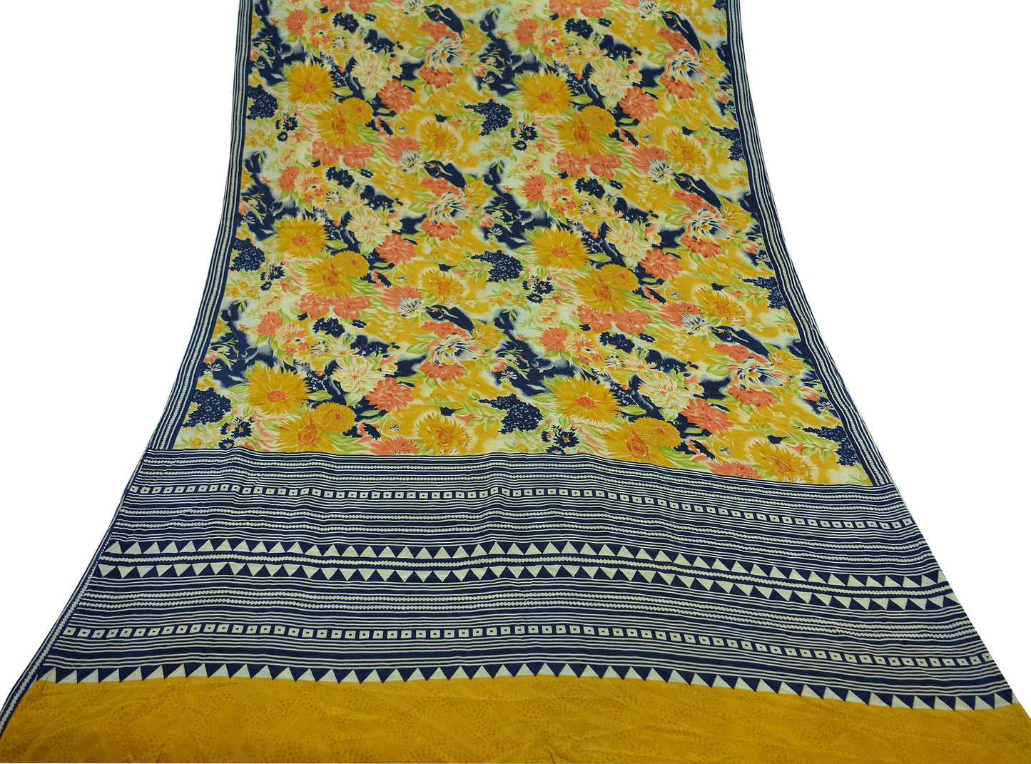 Indian Vintage Sari Mustard & Blue Pure Crepe Silk Printed Saree 5yd Sewing Soft Craft Fabric Wrap Dress making Crafting Quilting Designing