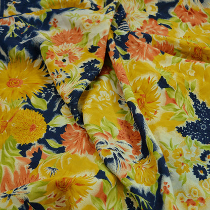 Indian Vintage Sari Mustard & Blue Pure Crepe Silk Printed Saree 5yd Sewing Soft Craft Fabric Wrap Dress making Crafting Quilting Designing