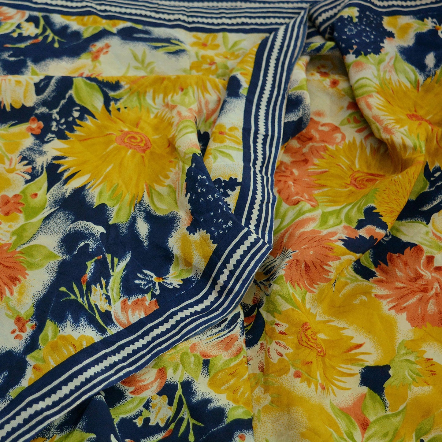 Indian Vintage Sari Mustard & Blue Pure Crepe Silk Printed Saree 5yd Sewing Soft Craft Fabric Wrap Dress making Crafting Quilting Designing