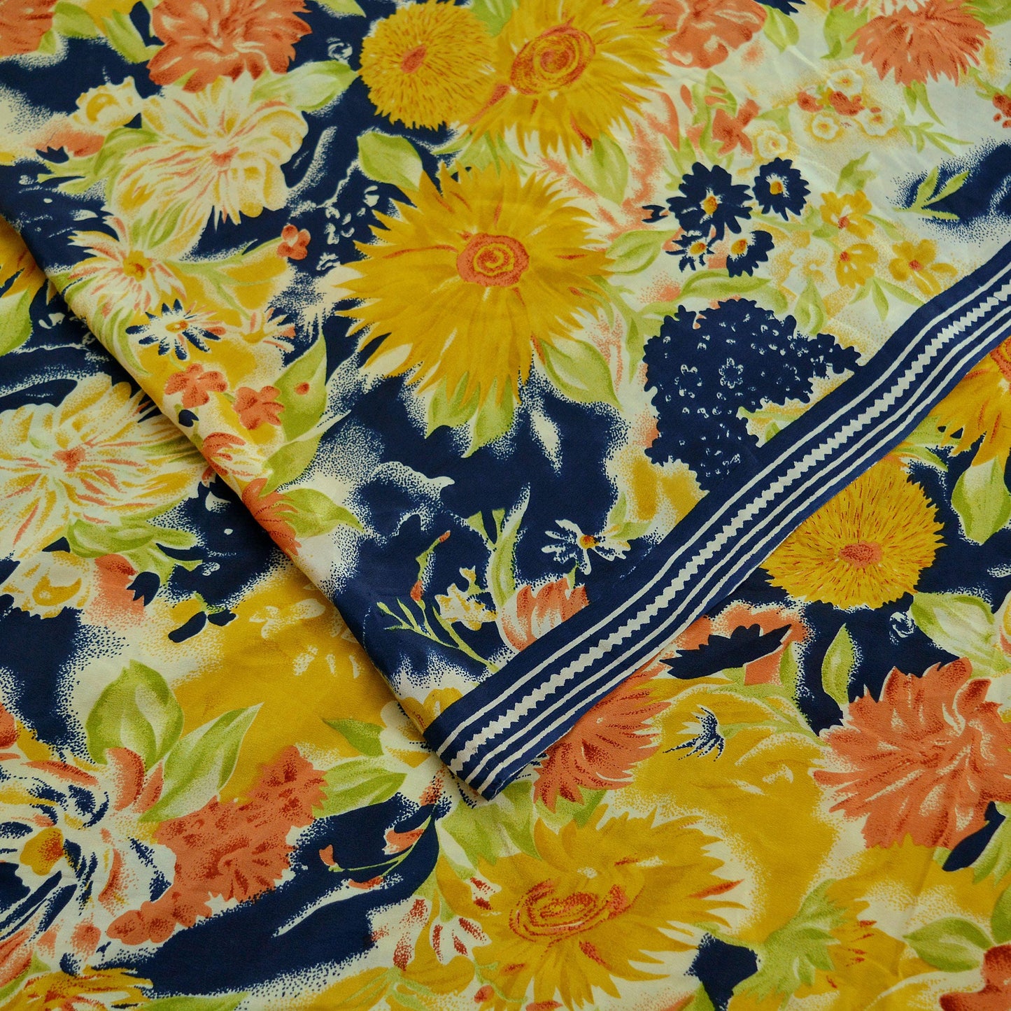 Indian Vintage Sari Mustard & Blue Pure Crepe Silk Printed Saree 5yd Sewing Soft Craft Fabric Wrap Dress making Crafting Quilting Designing