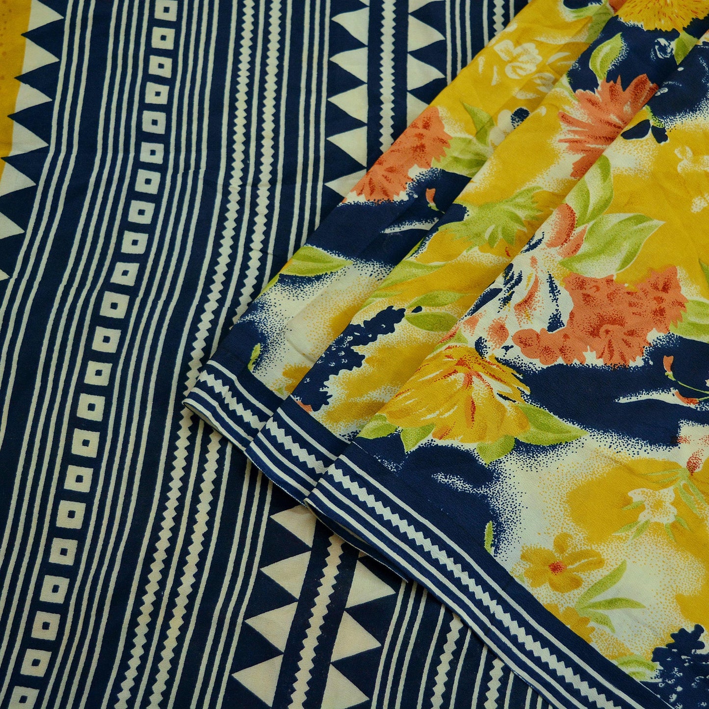 Indian Vintage Sari Mustard & Blue Pure Crepe Silk Printed Saree 5yd Sewing Soft Craft Fabric Wrap Dress making Crafting Quilting Designing