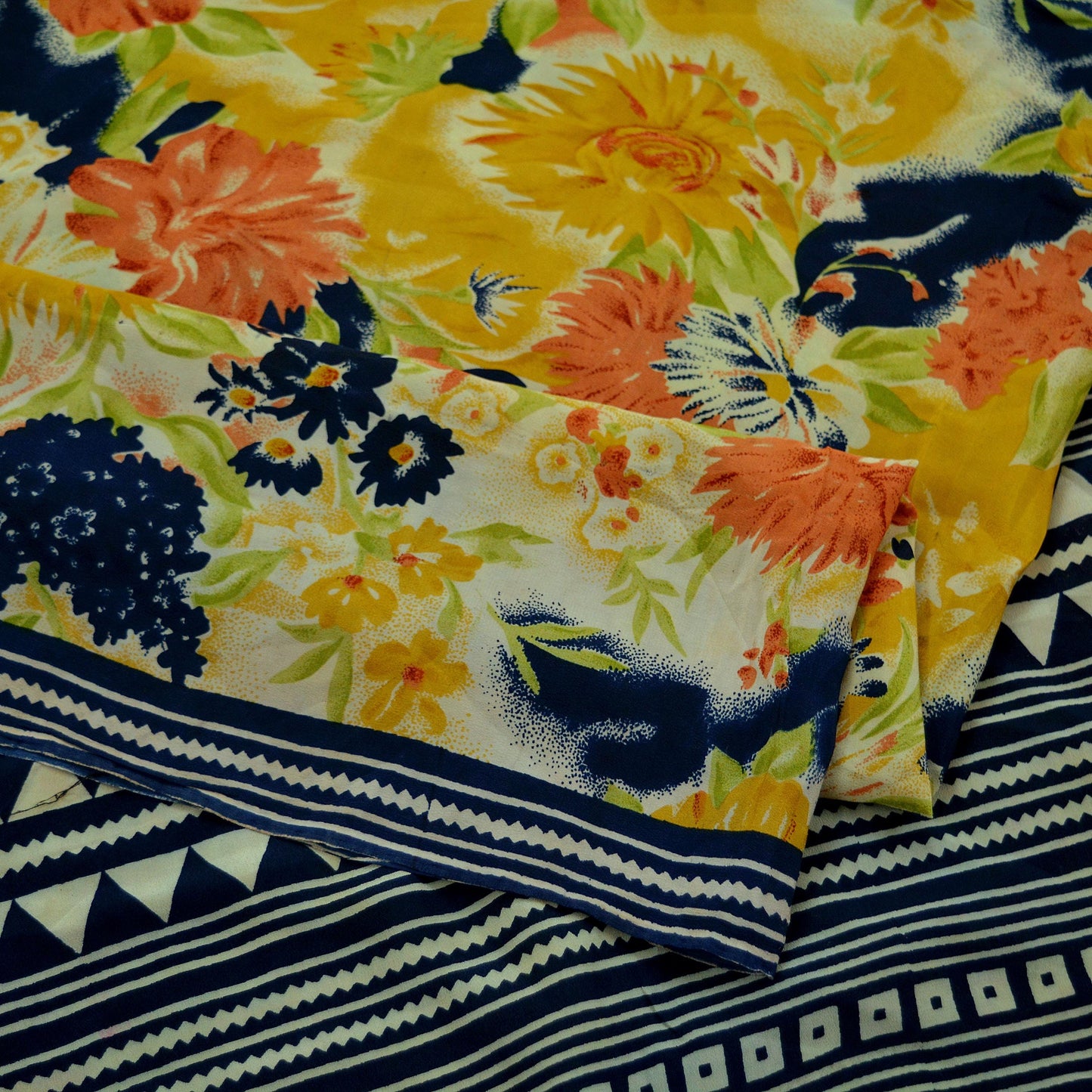 Indian Vintage Sari Mustard & Blue Pure Crepe Silk Printed Saree 5yd Sewing Soft Craft Fabric Wrap Dress making Crafting Quilting Designing