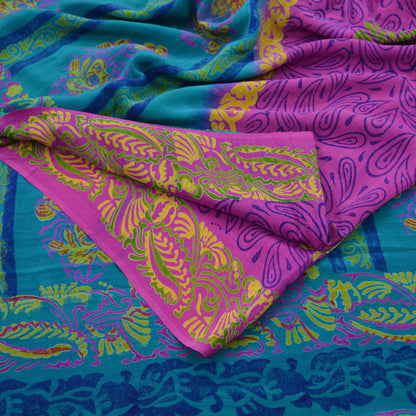 Indian Vintage Sari Green & Purple Pure Crepe Silk Block Printed Saree 5yd Sewing Floral Craft Fabric Wrap Dress Making Quilting Crafting