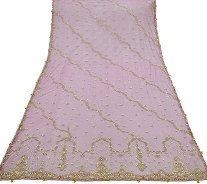 Indian Vintage Pink Dupatta Net Mesh Long Stole Hand Embroidered Scarves Golden Zardozi Zari Sequins Wedding/ Bridal Veil Hijab