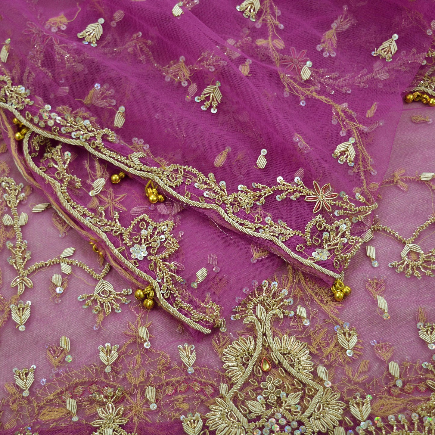 Indian Vintage Pink Dupatta Net Mesh Long Stole Hand Embroidered Scarves Golden Zardozi Zari Sequins Wedding/ Bridal Veil Hijab