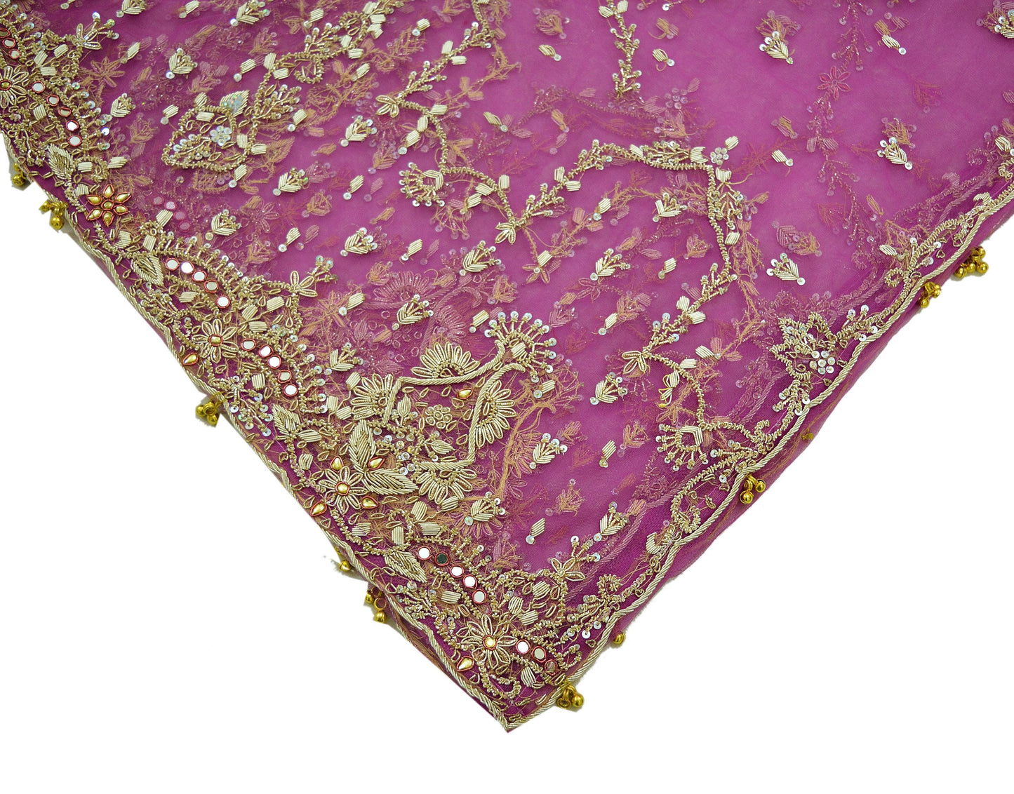 Indian Vintage Pink Dupatta Net Mesh Long Stole Hand Embroidered Scarves Golden Zardozi Zari Sequins Wedding/ Bridal Veil Hijab