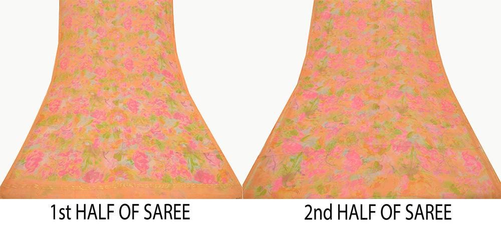 Indian Vintage Sari Orange 100% Pure Silk Printed Sarees 5yd Sewing Craft Fabric Zari Dress Making Soft Wrap Quilting Used Crafting Upcycle