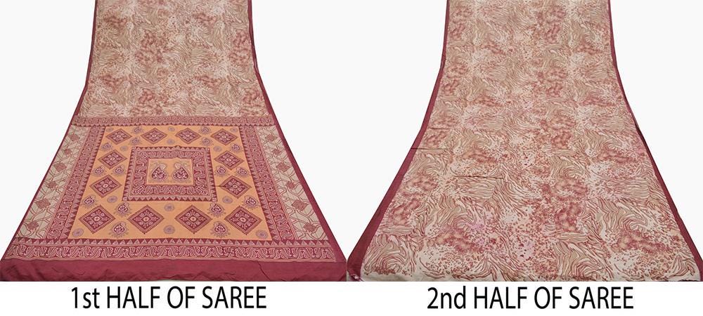 Indian Vintage Sari Maroon/Cream 100% Pure Silk Printed Sarees Craft Fabric 6yd Sewing Soft Dress Designing for Crafting Abstract Quilting