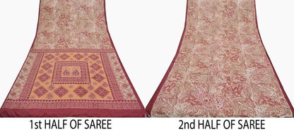 Indian Vintage Sari Maroon/Cream 100% Pure Silk Printed Sarees Craft Fabric 6yd Sewing Soft Dress Designing for Crafting Abstract Quilting