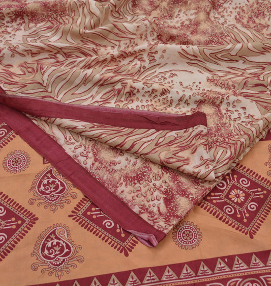 Indian Vintage Sari Maroon/Cream 100% Pure Silk Printed Sarees Craft Fabric 6yd Sewing Soft Dress Designing for Crafting Abstract Quilting