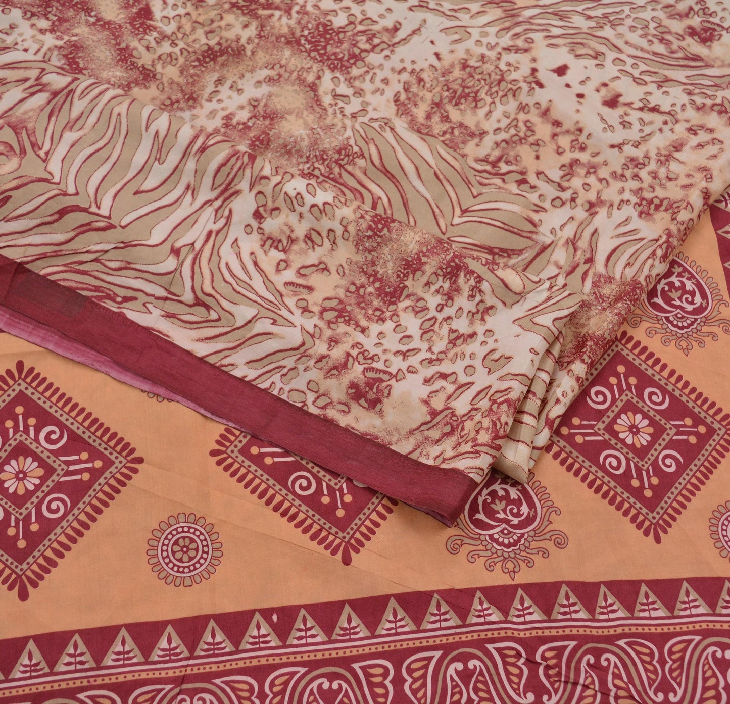 Indian Vintage Sari Maroon/Cream 100% Pure Silk Printed Sarees Craft Fabric 6yd Sewing Soft Dress Designing for Crafting Abstract Quilting
