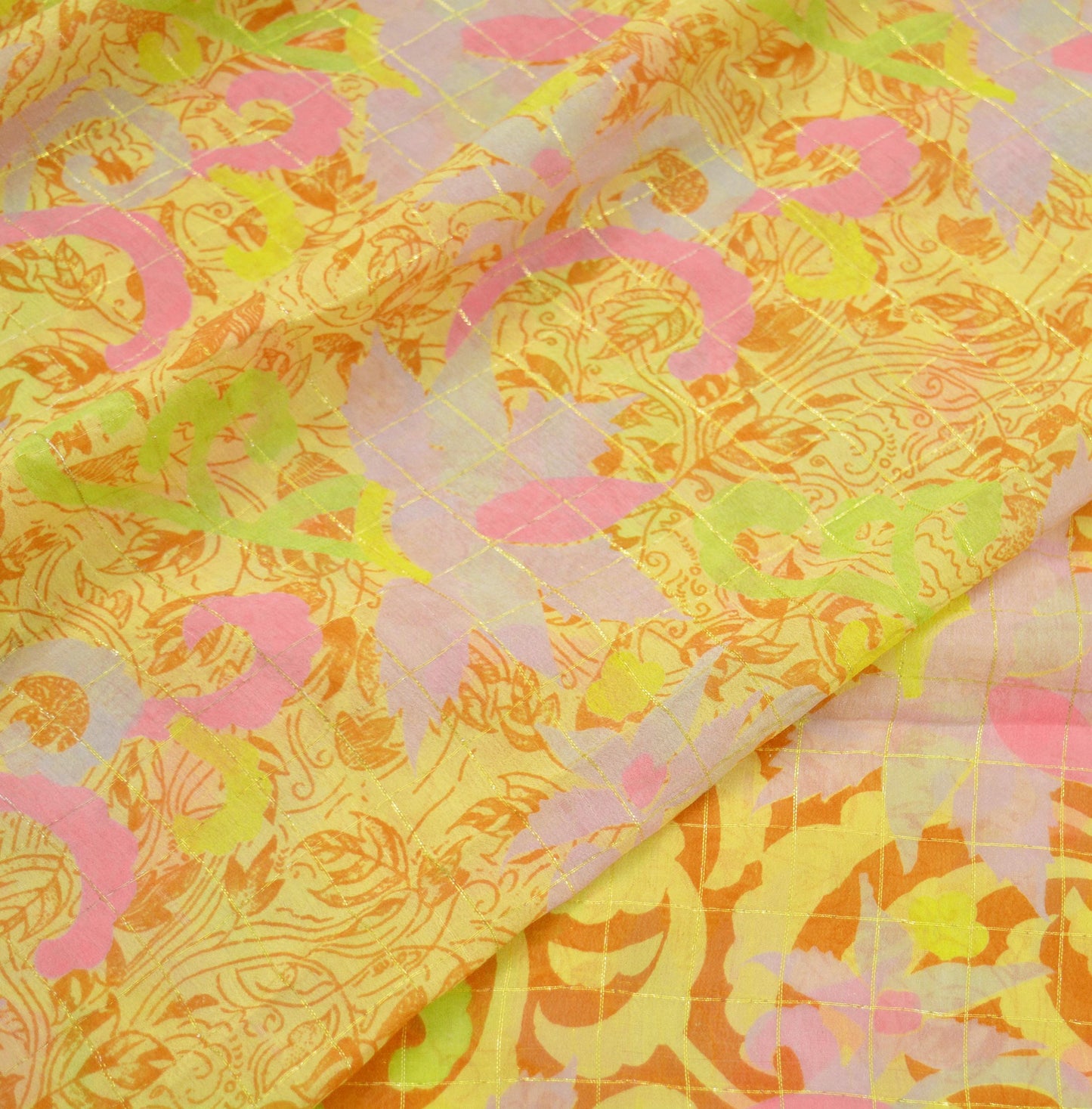 Indian Vintage Sari Yellow Pure Silk Printed Saree 6yd Sewing Craft Fabric DressMaking Soft