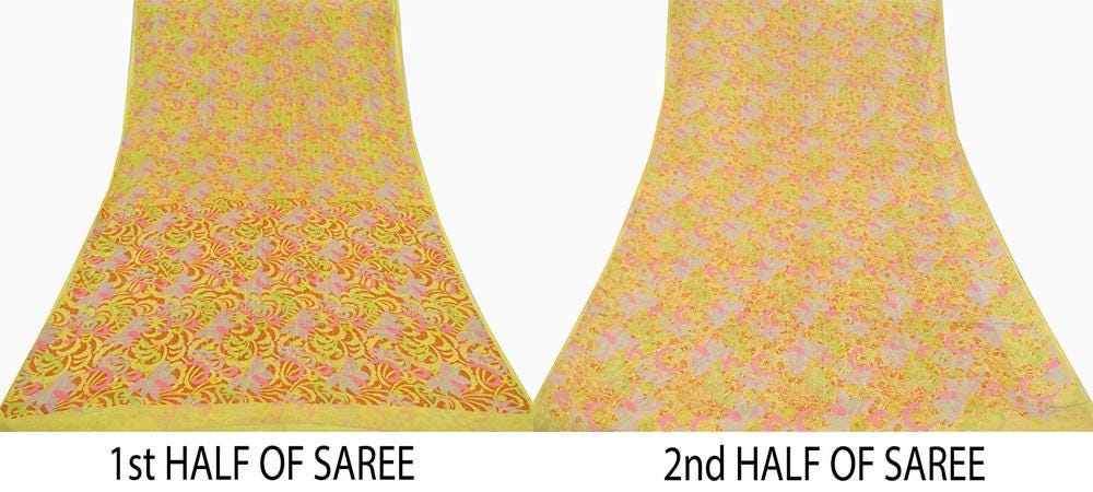 Indian Vintage Sari Yellow Pure Silk Printed Saree 6yd Sewing Craft Fabric DressMaking Soft