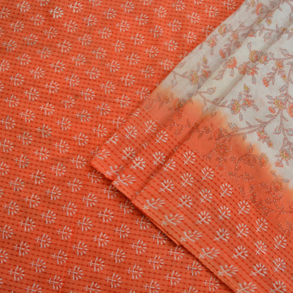 Indian Vintage Sari White & Peach Printed 100% Pure Cotton Sarees Craft Fabric Soft 5Yd Sewing Sarong Wrap Boho Floral Quilting Crafting