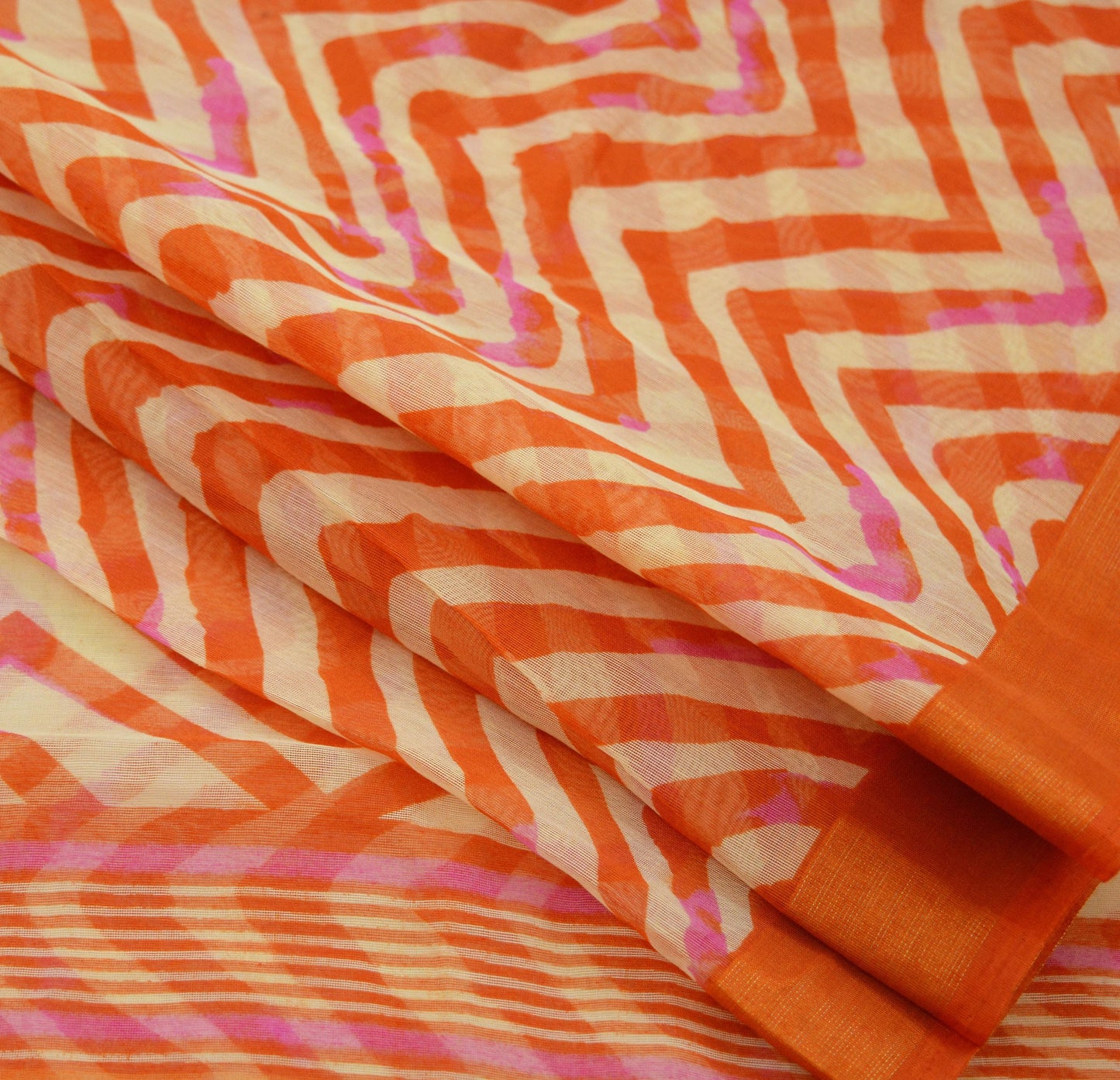 Indian Vintage Sari Orange & Beige Printed Chanderi Cotton Craft Fabric 5Yd Sewing Zigzag Soft Dress Making Bollywood sarees Crafting Zari