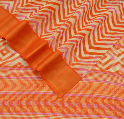 Indian Vintage Sari Orange & Beige Printed Chanderi Cotton Craft Fabric 5Yd Sewing Zigzag Soft Dress Making Bollywood sarees Crafting Zari