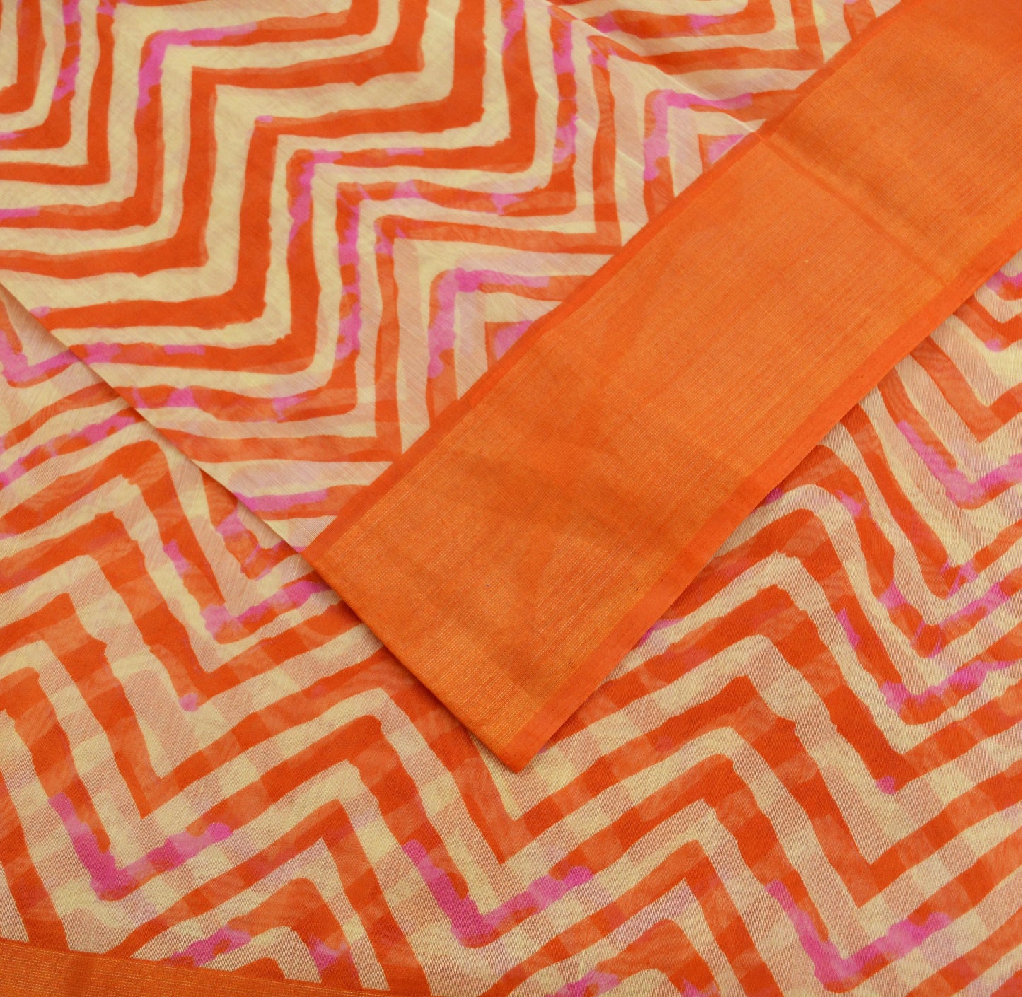 Indian Vintage Sari Orange & Beige Printed Chanderi Cotton Craft Fabric 5Yd Sewing Zigzag Soft Dress Making Bollywood sarees Crafting Zari