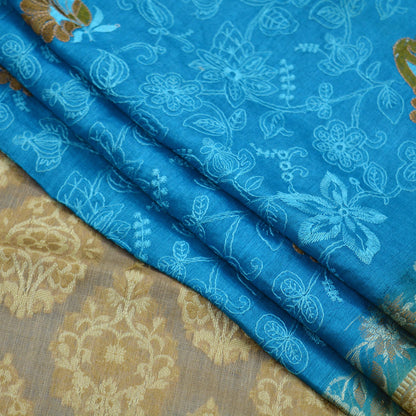 Indian Vintage Blue & Beige Sarees Pure Tussar Silk Hand Woven Sari Craft Fabric 5Yd Sewing Ethnic Dress making Upcycle Crafting Quilting