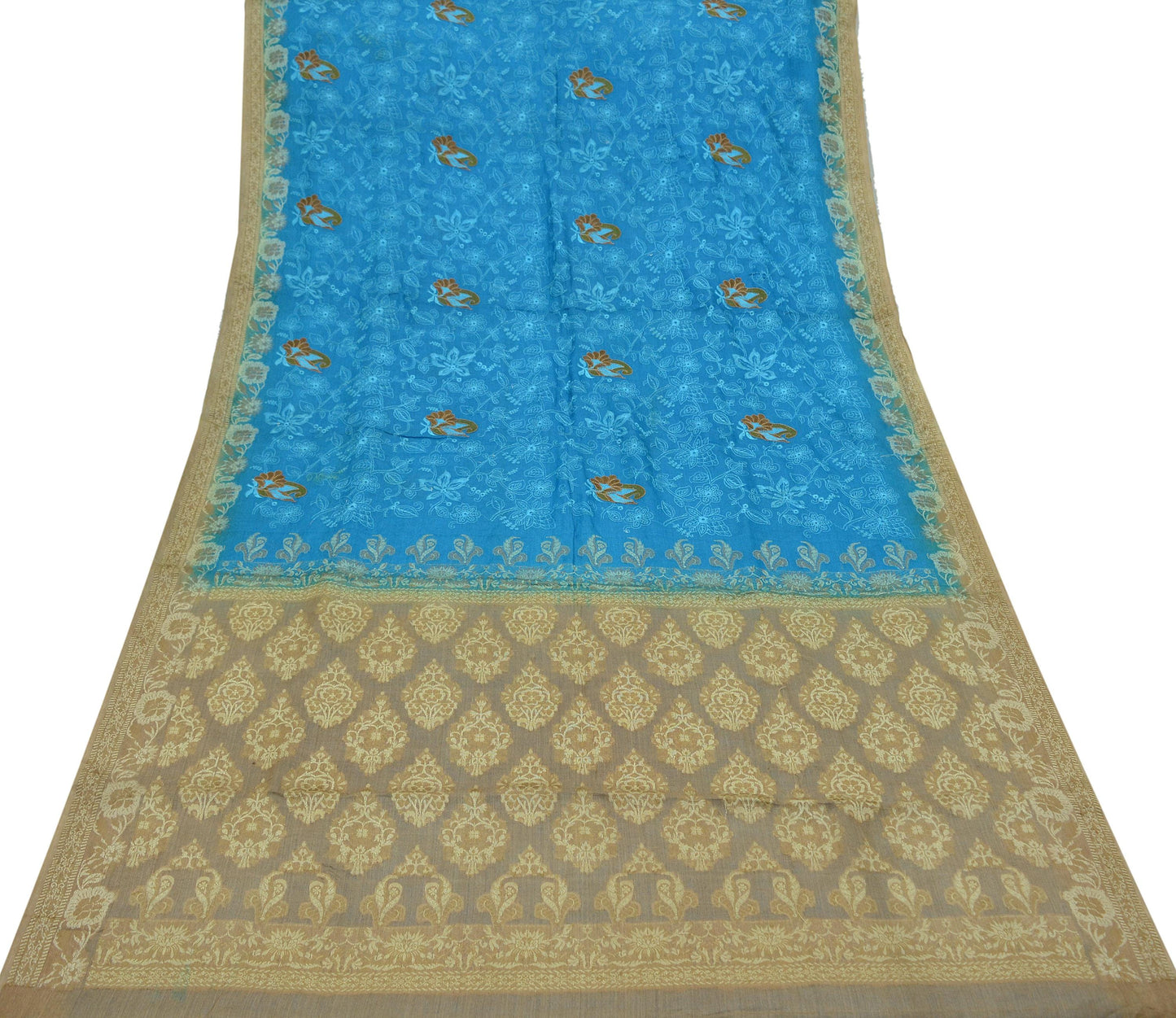 Indian Vintage Blue & Beige Sarees Pure Tussar Silk Hand Woven Sari Craft Fabric 5Yd Sewing Ethnic Dress making Upcycle Crafting Quilting