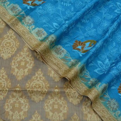 Indian Vintage Blue & Beige Sarees Pure Tussar Silk Hand Woven Sari Craft Fabric 5Yd Sewing Ethnic Dress making Upcycle Crafting Quilting