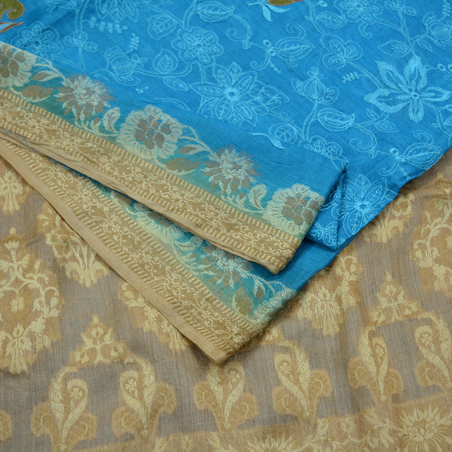 Indian Vintage Blue & Beige Sarees Pure Tussar Silk Hand Woven Sari Craft Fabric 5Yd Sewing Ethnic Dress making Upcycle Crafting Quilting