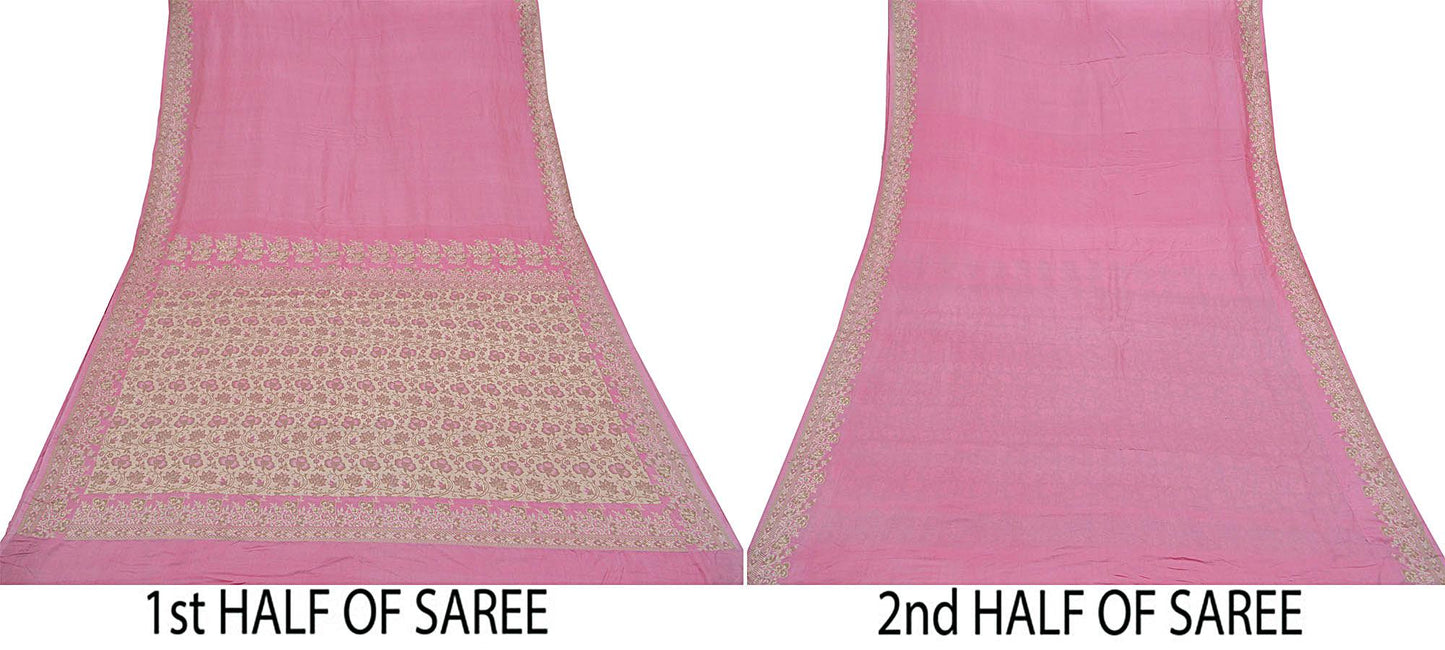 Indian Vintage Pink Sarees Pure Silk Hand Woven Sari Craft Fabric 5Yd Sewing Ethnic Dress making Upcycle Crafting Quilting Bollywood Sarees