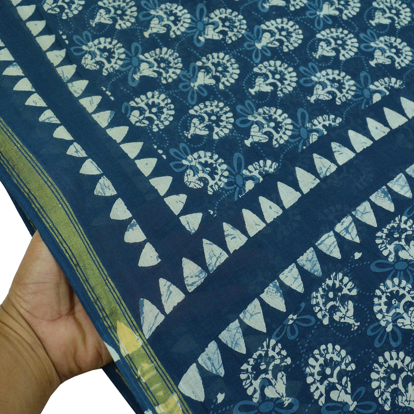 Indian Vintage Sari Blue Pure Chanderi Cotton Hand Block Printed Sarees 5Yd Craft Fabric Soft Sewing Sarong Dress Making Quilting Crafting