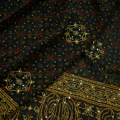 Indian Vintage Dupatta Black Long Stole Hand Embroidered kantha stole Georgette Scarves Veil Wrap Soft Floral Sequins