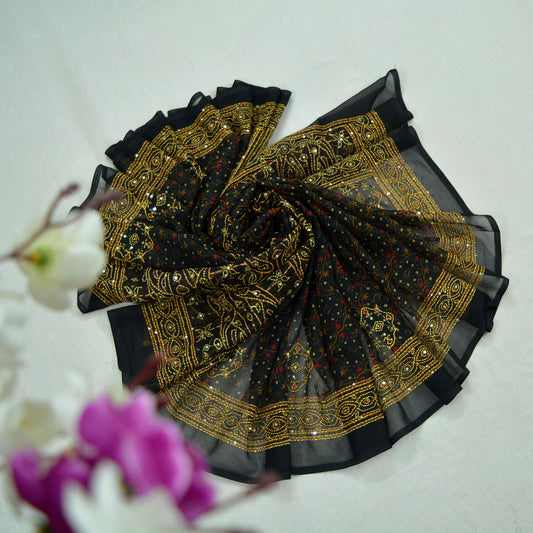 Indian Vintage Dupatta Black Long Stole Hand Embroidered kantha stole Georgette Scarves Veil Wrap Soft Floral Sequins