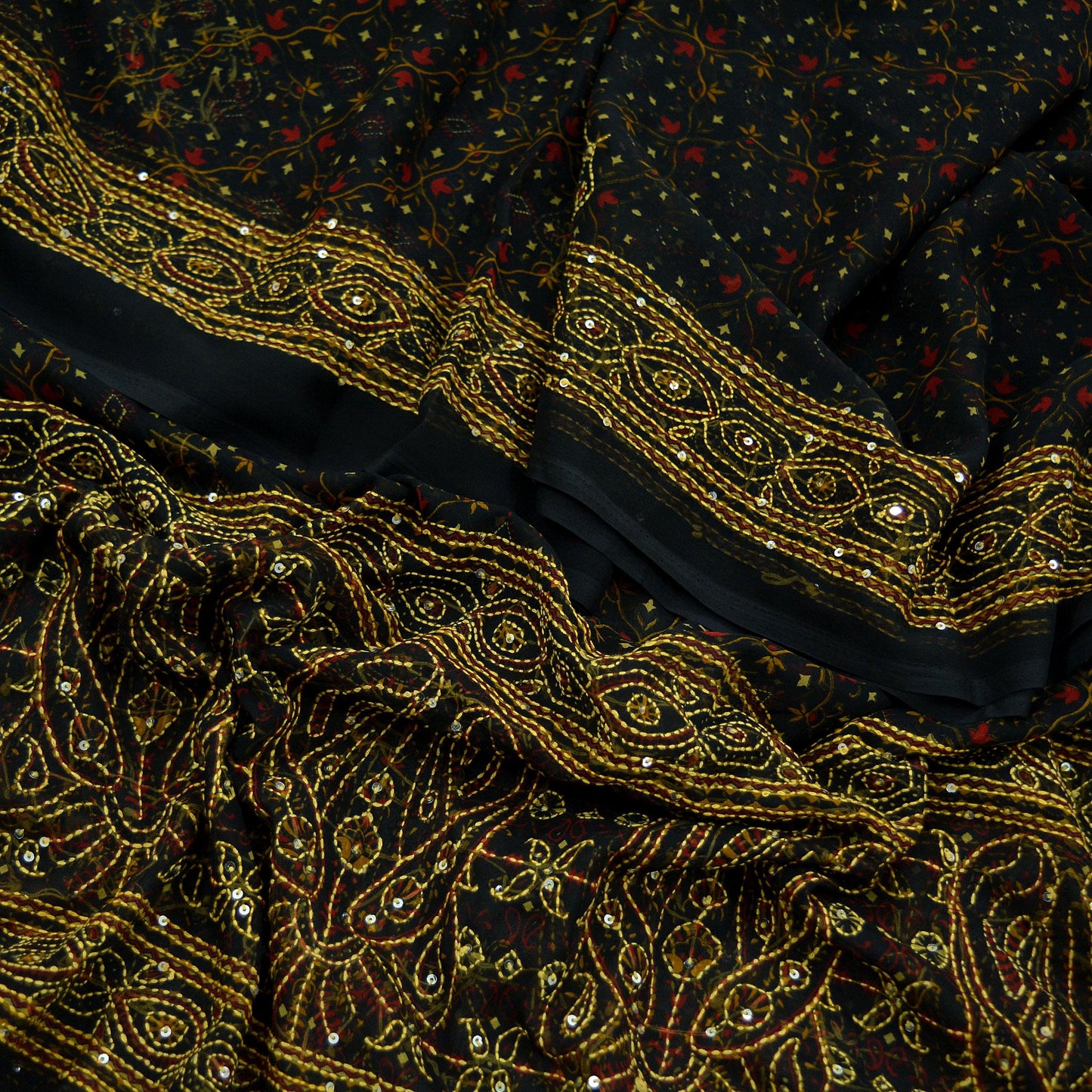 Indian Vintage Dupatta Black Long Stole Hand Embroidered kantha stole Georgette Scarves Veil Wrap Soft Floral Sequins