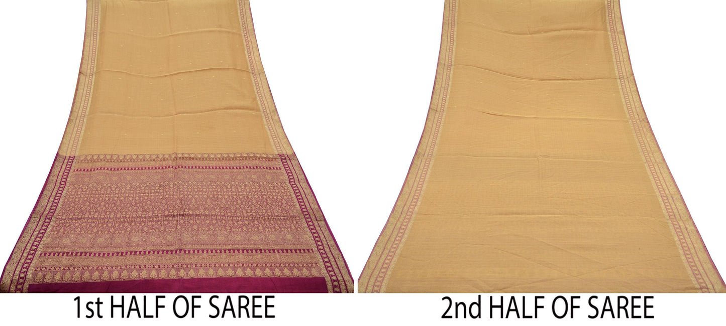 Indian Vintage Sari Beige & Purple 100% Pure Silk Hand Woven Sarees Craft Fabric 5Yd Ethnic Sewing Dress making Crafting Quilting Upcycle