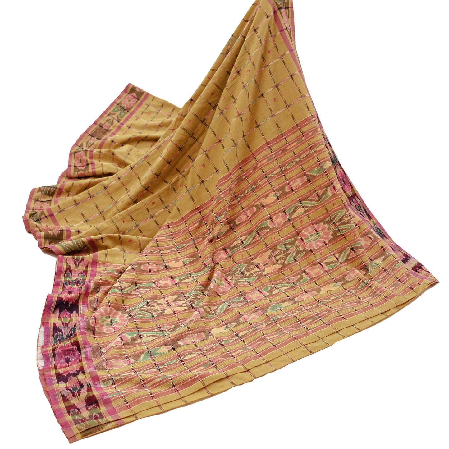 Indian Vintage Sarees Beige Pure Cotton Hand woven Sambalpuri Ikat sari Craft Fabric 5Yd Ethnic Chackra Border Dress Making Quilting