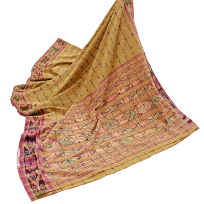 Indian Vintage Sarees Beige Pure Cotton Hand woven Sambalpuri Ikat sari Craft Fabric 5Yd Ethnic Chackra Border Dress Making Quilting