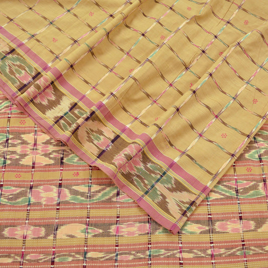 Indian Vintage Sarees Beige Pure Cotton Hand woven Sambalpuri Ikat sari Craft Fabric 5Yd Ethnic Chackra Border Dress Making Quilting